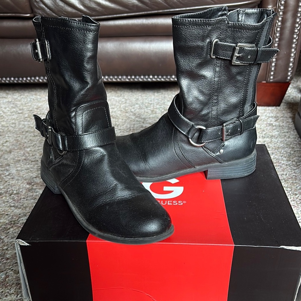Guess Black Leather Buckle Boots